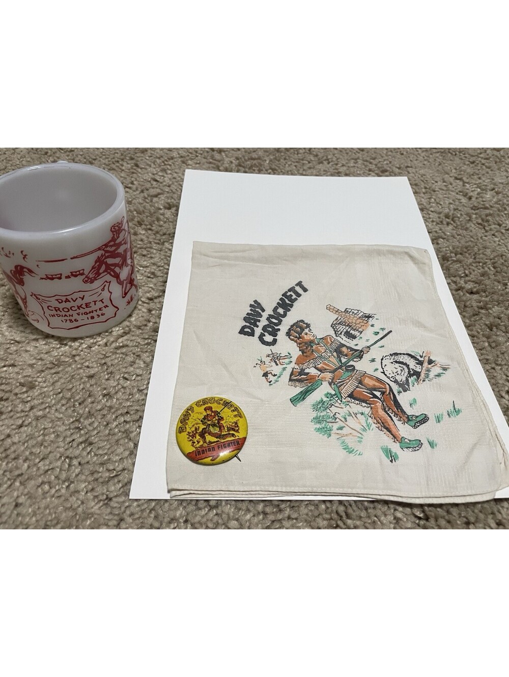 Antique Davy Crockett Handkerchief, Button, And Cup